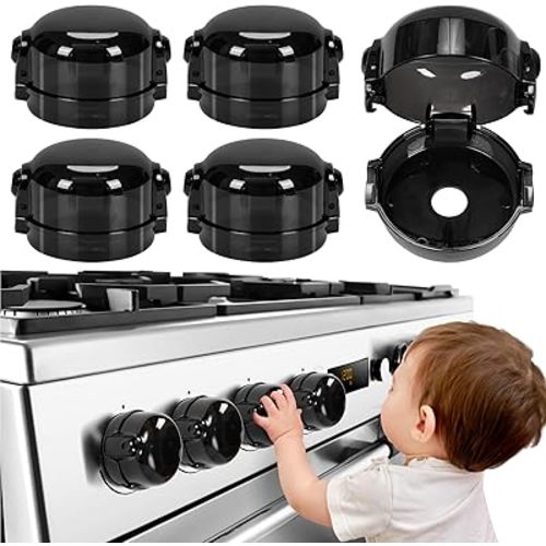 Stove Knob Safety Covers, Unlock with Adult Palm On Two Buttons, Press Gas Stove Knob Locks, Upgraded Oven Lock Knob Covers for Child Safety, Black Color, Pack of 5