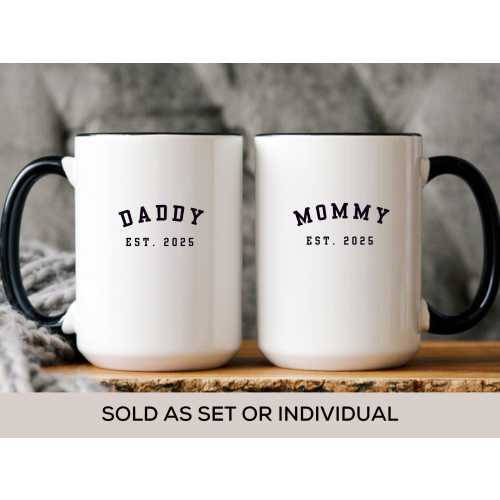 First Time Mom and Dad Mug Set New Parents Pregnancy Gift Mommy Daddy Est. 2025 Minimalist Cup Christmas Baby Shower Present OLV-25-047