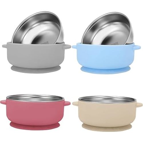 4 Pack Stainless Steel Baby Bowls with Removable Non-Slip Silicone Suction Shell, Anti Scald Food Container for Baby Food Feeding (4 Pack-Skyblue/Gray/Red/Cream)