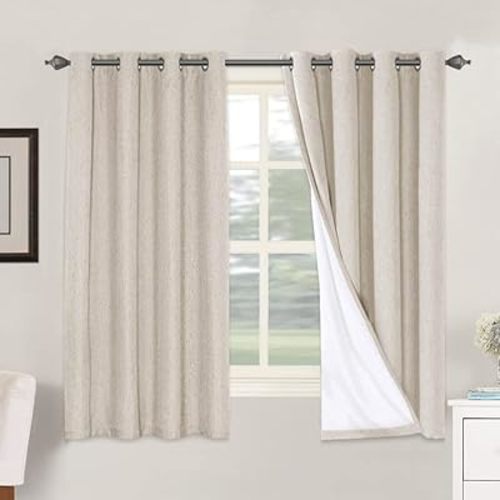 H.VERSAILTEX Linen Blackout Curtains 63 Inches Long, Full Blackout Thermal Insulated Textured Linen Look Curtain Draperies Anti-Rust Grommet with White Liner, 2 Panels, Natural