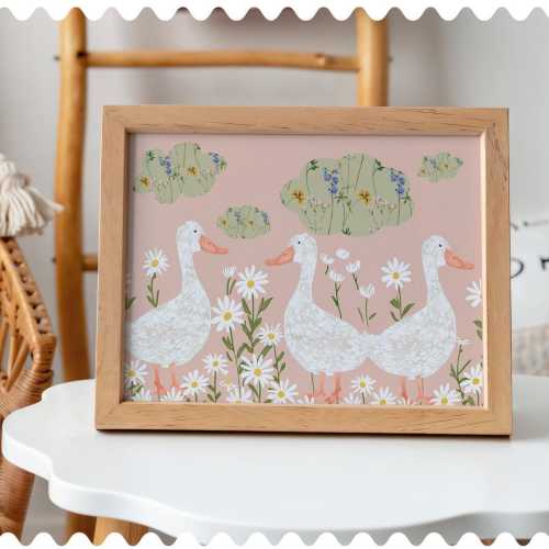 Cottagecore Goose Nursery Art, Whimsical Floral Duck Print in Soft Pink, Curated Vintage-Inspired Girls Room Wall Decor, Luxury Nursery Art