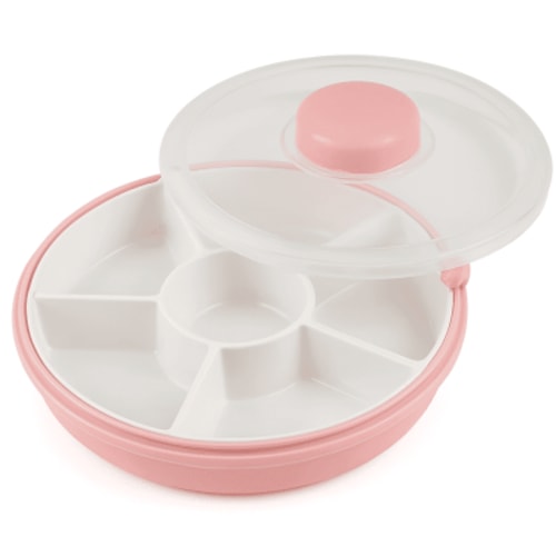 Kids Snack Container with Interactive Button – 5-Compartment Dispenser, BPA/PVC-Free, Dishwasher Safe, Toddler Snack Spinner for Home, School & Travel