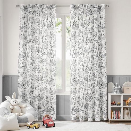jinchan Linen Nursery Curtains 84 inch Long Woodland Wildlife Sage Green Print Drapes for Kid's Room Light Filtering French Country Farmhouse Curtains with Bunny and Forest Design Set of 2 Panels