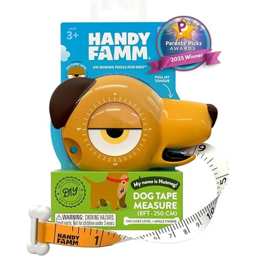 8ft Interactive Dog Tape Measure for Kids with Level and Angle Finder, Montessori Educational Toys, Animal Shaped Childrens Tool Set with Bone, Pocket Tape Measurer for Kid 3 and Up, Nutmeg