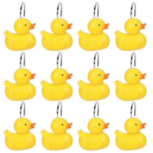 Whaline 12Pcs Yellow Duck Shower Curtain Hooks Cute Duck Shower Curtain Rings Decorative Resin Curtain Hanger Hooks for Nursery Living Room Bedroom Bathroom Decor