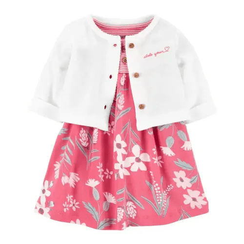 2-Piece Bodysuit Dress & Cardigan Set - 3M - Pink