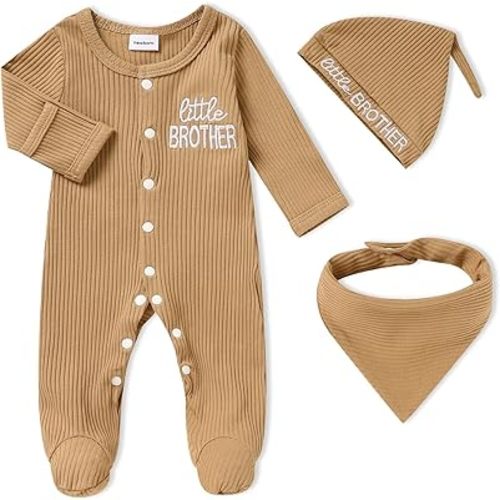 Newborn Infant Baby Boy Coming Homing Clothes Letter Print Button Knit Footed Romper Jumpsuit Hat Bibs 3pcs Outfit