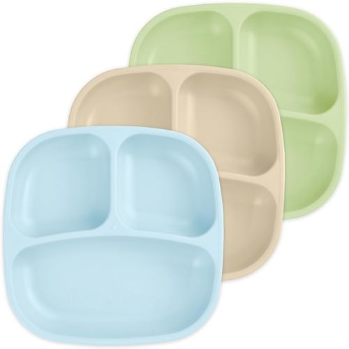Re-Play Made in USA 7" Deep Walled Divided Plates for Kids, Set of 3 - Reusable 3 Compartment Plates, Dishwasher and Microwave Safe - 7.37" x 7.37" x 1.25", Beach Baby