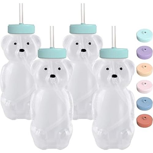 Honey Bear Straw Cups for Babies 4 pack, 8oz straw bear cup with improved safety lid design, honey bear cup and honey bear bottle. Straw learning therapy cup. Leak-Proof & Food-Grade & BPA Free, Aqua