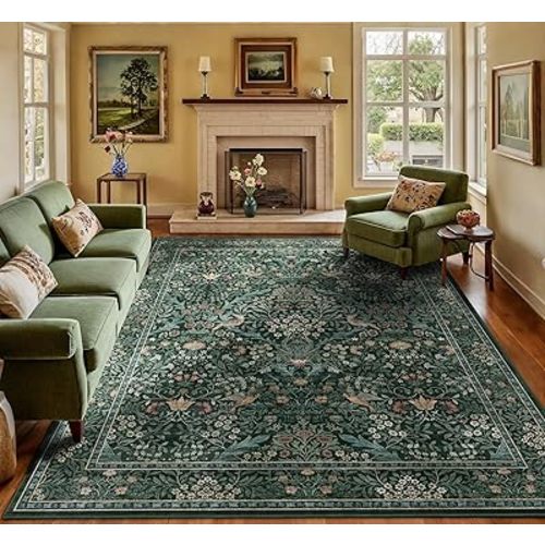 8x10 Floral Washable Area Rug for Living Room, Vintage Boho Large Rugs for Bedroom Dining Room, Botanical Birds Non Slip Low Pile Forest Throw Carpet for Farmhouse Office, Retro Green/Blue