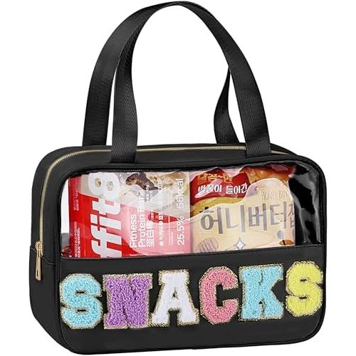 Snack Bag for Travel - Chenille Letter Clear Makeup Bag, Large Preppy Patch Snack Cosmetic Bag with Handle and Zipper, Cute Makeup Pouch Nylon&PVC Waterproof Toiletry Organizer Storage for Women