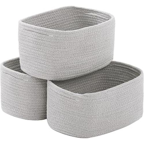 Small Cotton Rope Storage Basket Set of 3-11"x7"x7" Perfect Woven Baskets for Storage, Ideal Storage Baskets for Organizing Toys, Towels, and More - Baskets for Shelves and Home Decor(Grey)