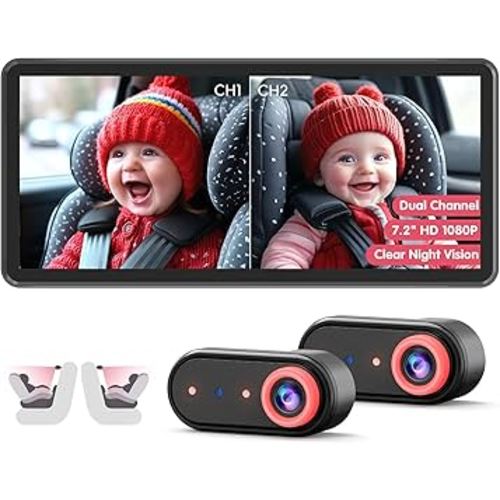 BM5 PRO Baby Car Camera for 2 Kids, 7.2" 1080P Dual Channel Display for Car Seat, Easy Installation with 2 IR Night Vision Cameras, Rear Seat Safety for Babies and Pets