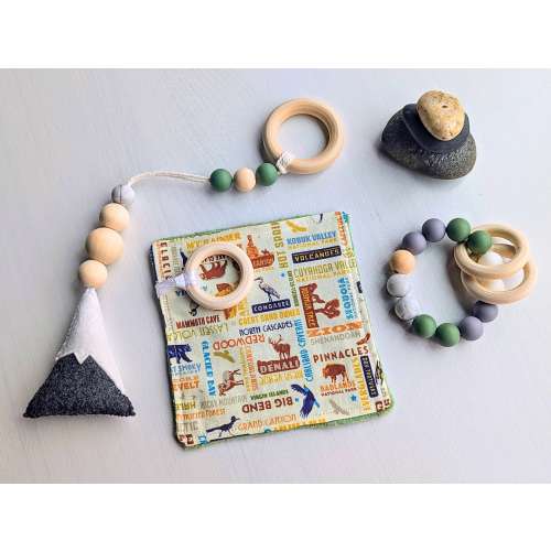 National Parks Nature Baby Toy Gift Set w/Crinkle Cloth + Mountain Play Gym Toy + Matching Rattle in Green + Gray/BPA, Glue, +Chemical Free!