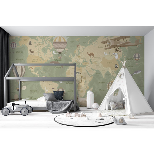 Wall Mural Photo Wallpaper Children's world map with animals in blue u36066v2