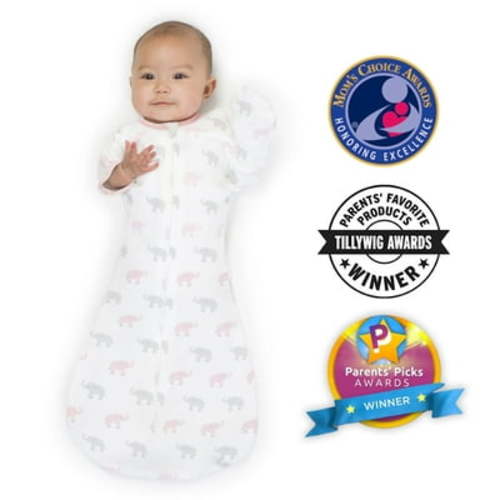 Amazing Baby Transitional Swaddle Sack with Arms Up Half-Length Sleeves and Mitten Cuffs, Better Sleep for Baby Girl, Tiny Elephants, Pink, Small, 0-3 Mo, 6-14 lbs
