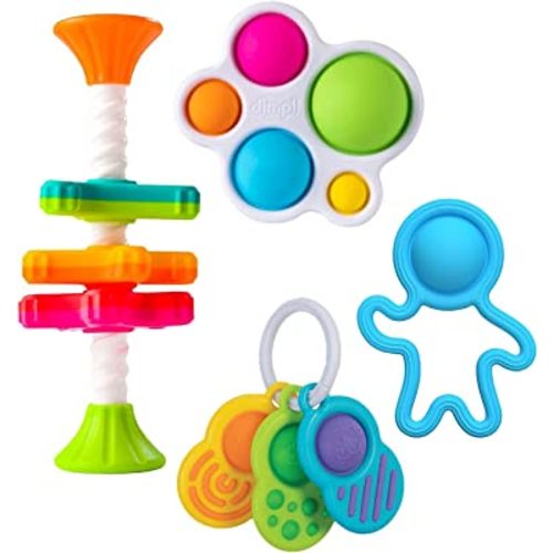 Fat Brain Diaper Bag Essentials, 4 Piece Dimpl Toys, Mini Spinny, Storage Bag