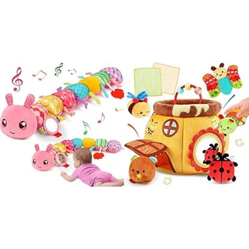 Thremhoo Baby Girls Toys 0-6 Month Music Animal Stuffed Caterpillar Toy & Soft Beehive with 5 Stuffed Animals, Rattle, Crinkle, Mirror, Montessori Sensory Toys
