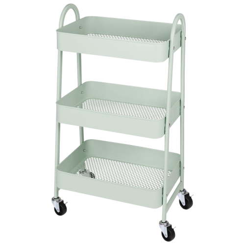 MCQ 3 Tier Metal Rolling Storage Cart, Mobile Shelving Unit Organizer with Lockable Wheels for Office, Bathroom, Kitchen, Laundry Room, Light Green