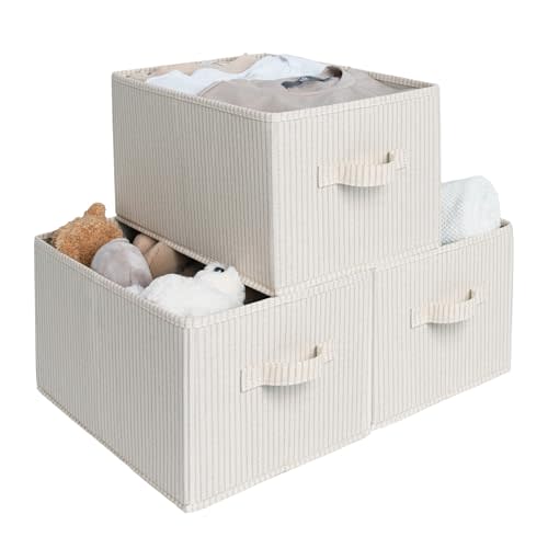 StorageWorks Storage Baskets for Shelves, Foldable Fabric Closet Storage Bins with Handles, Clothes Organizer Laundry Baskets, Beige Stripes, 3-Pack, Medium