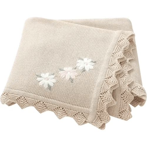 LAWKUL Baby Blanket 100% Traceable Cotton Knit Receiving Blankets Infant Swaddle for Newbron Boy Girls 40"x30" Beige Floral
