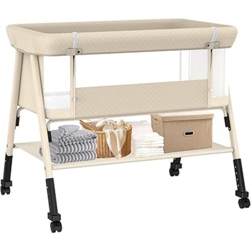 Baby Bassinet, 3-in-1 Baby Bassinets Bedside Sleeper for Newborn with Breathable Mesh, Portable Baby Crib with 4- Adjustable Height, Mattress, Storage Basket & Lockable Wheels, CPSC Beige