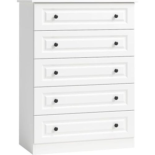 White 5-Drawer Tall Dresser with Wood Top, Modern Storage Tower for Bedroom, Closet, Living Room, Entryway, Hallway