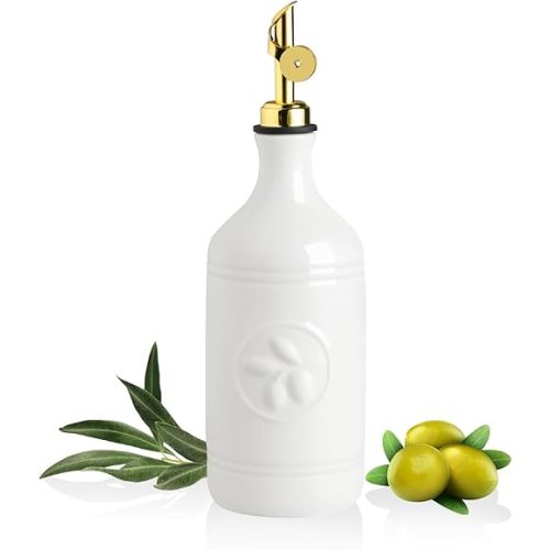 Sweejar 16 Oz Ceramic Olive Oil Dispenser Bottle, Oil Dispenser for Kitchen with Gravity Spout, Relief Opaque Oil Container for Evoo, Avocado Oil, Vinegar, Soy Sauce, 1 Pack(White, Gold Spout)