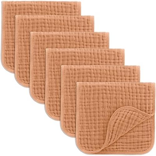Comfy Cubs Muslin Burp Cloths Set Large 100% Cotton Hand Washcloths for Babies, Baby Essentials 6 Layers Extra Absorbent and Soft Boys & Girls Baby Bibs & Burp Cloths Set (Caramel, 6-Pack, 20" X10")