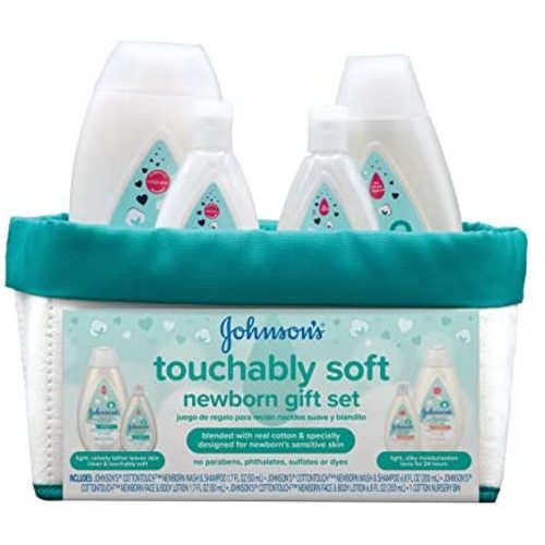 Johnson's Touchably Soft Newborn Baby Gift Set for New Parents, Baby Bath & Skincare Essentials for Newborn Skin, Hypoallergenic, Free of Paraben, Sulfates, and Dyes, 5 Items