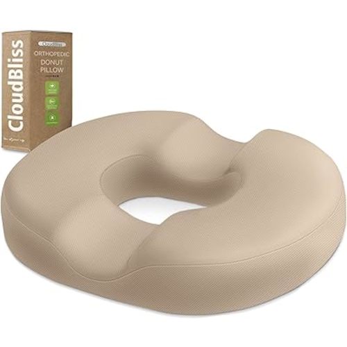 CloudBliss Donut Pillow Seat Cushion Chair Pad for Tailbone Pain Relief and Hemorrhoids, Memory Foam Seat Chair Cushion for Men and Women for Home & Office, (Khaki)
