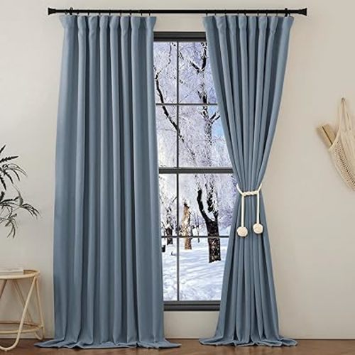 NICETOWN Faux Linen Room Darkening Mist Blue Curtains 84 inch Length 2 Panels Set, Pinch Pleated Linen Blend Noise Reducing Thermal Thick Window Drapes for Bedroom/Laundry, W50 x L84
