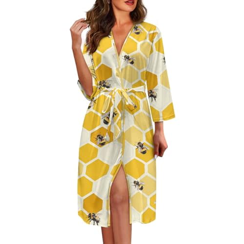 ZWPINITUP Women's V-Neck Robe Long Sleeve Bathrobe Full Length Sleepwear with Belt Includes Plus Size