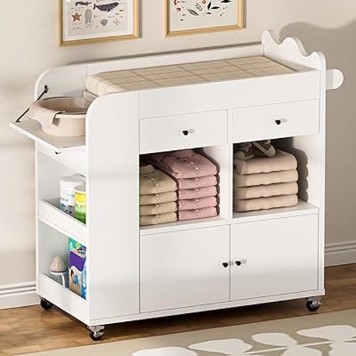 Baby Dresser with Changing Table Top, 3 Drawers Nursery Dresser with 4 Open Cubbies, Rolling Chest of Drawers with Wheels, 43" W x 19.5" D x 40" H