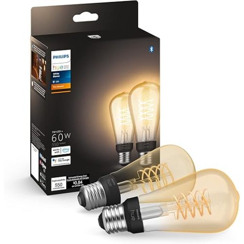 Philips Hue Smart 60W ST19 Filament LED Bulb - Soft Warm White Light - 2 Pack - 550LM - E26 - Indoor - Control with Hue App - Compatible with Alexa, Google Assistant and Apple Homekit.