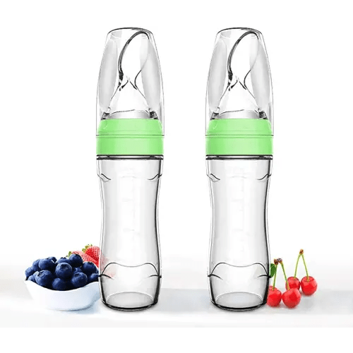 Baby Mate 2 PCS Silicone Baby Food Dispensing Spoon (Green, 4oz/120ml, Ideal for 4 Months+ Babies) - Squeeze Feeder with Spoon - Spoon Bottle for Baby - Baby Spoon Feeder Bottle Baby Solid Food Feeder