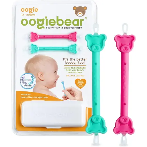 oogiebear: Baby Nose Cleaner & Ear Wax Removal Tool - Safe Booger & Earwax Removal for Newborns, Infants, Toddlers - Dual-Ended - Essential Baby Stuff, Diaper Bag, Raspberry & Seafoam with case