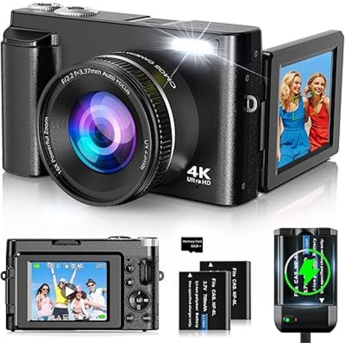 4K Digital Camera for Photography and Video, Autofocus 48MP Vlogging Camera for YouTube with 3'' 180°Flip Screen 16X Zoom Compact Travel Cameras with SD Card, 2 Batteries, Anti-Shake, Flash (Black)