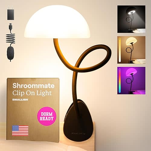 Shroommate Clip On Light and Bed Headboard Lamp, Bedside Table Lamp for Dorm, College Dorm Room Essentials, Night Light for Kids Nursery, Clip on for Desk, MultiColor LEDs, Adapter Included (Black)