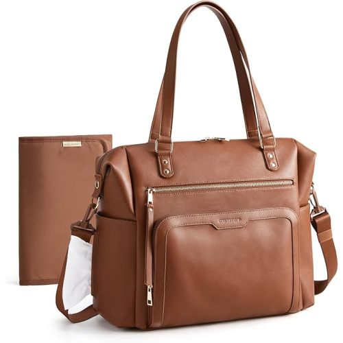 mommore Diaper Bag Tote, Large Diaper Bag with Waterproof Changing Pad, PU Leather Diaper Tote for mom with Insulated Pockets