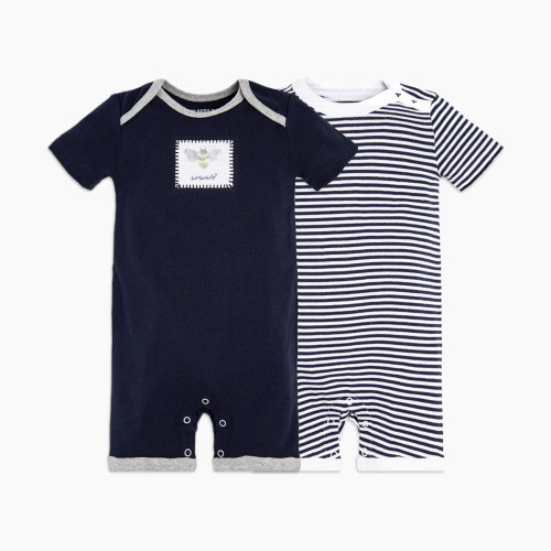 Burt's Bees Baby Organic Cotton Shortall Jumpsuit Romper (2 Pack) - Navy Honey Bee, 0-3 Months