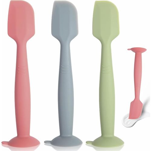 Baby Diaper Cream Spatula 3 Pack Diaper Spatulas Soft Silicone Diaper Cream Applicator Baby Butt Paste Spatula Brush with Suction Base,Full Size(Gray+Off-white+Green