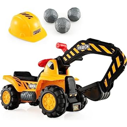 Costzon Ride on Excavator, Kids Excavator Digger Bulldozer W/Safety Helmet, 3 Rocks, Horn, Under-seat Storage, Construction Vehicles for Kids, Ride on Toys for Kids
