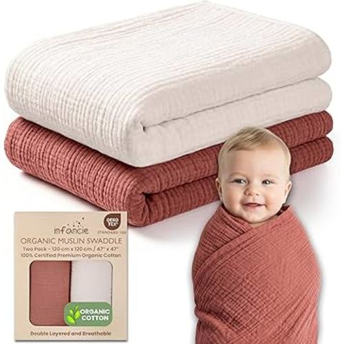 100% Organic Cotton Muslin Baby Blanket - 47 x 47 Inch Breathable Swaddle Blankets, Hypoallergenic Double-Layer, Soft and Cozy Newborn Baby Blanket for Sleeping and Everyday Use (Rust/Ivory)
