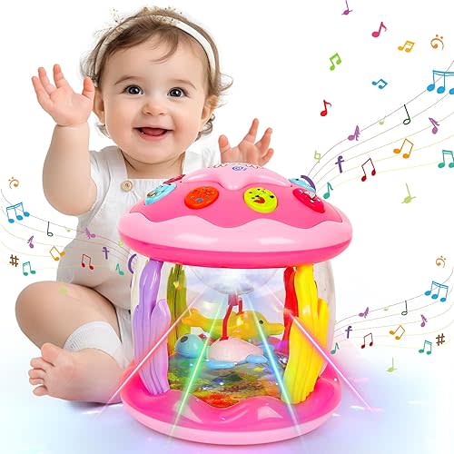 M SANMERSEN Baby Girl Toys 6-12 Months - Babies Ocean Rotating Projector Light Up Musical Toys for 12-18 Months Crawling Learning Tummy Time 1 2 Years Old Infant Boys Girls Gifts - Pink