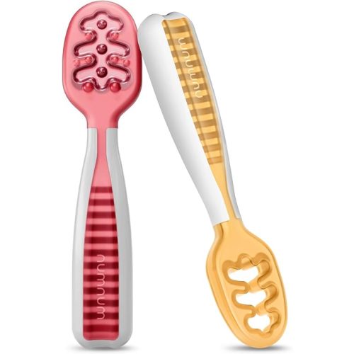 NumNum Baby Spoons Set, Baby Essentials Pre-Spoon GOOtensils for 6+ Months, First Stage Self-Feeding Spoons for Baby Led Weaning (BLW), Silicone Toddler Utensils, BPA-Free, 2 Pack Red/Orange