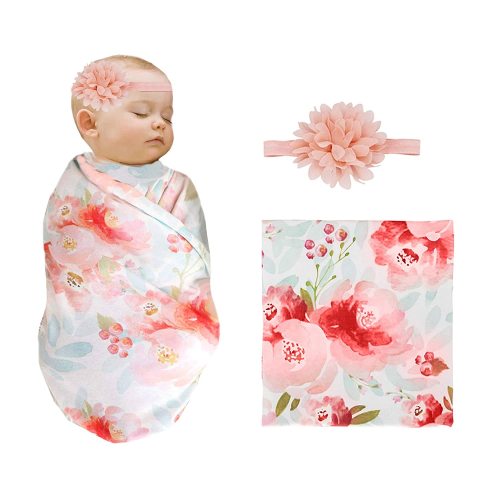 OUSITAI Newborn Receiving Swaddle Blanket Sets Floral Headband Set Soft Baby Blankets for Baby Girls -Newborn Receiving Blanket Headband Set Baby Flower Rose Swaddle
