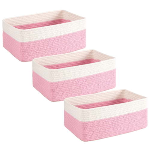 HLAOLA Set of 3 Decorative Woven Rope Baskets, 12L Rectangle Cotton Storage Baskets, Stylish Basket for Shelves, Living Room, Nursery