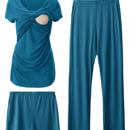 SUNNYBUY Women's Maternity Postpartum Pajamas Set, Breastfeeding Tops,Adjustable Pregnancy Shorts & Pants 3 Piece Nursing PJS