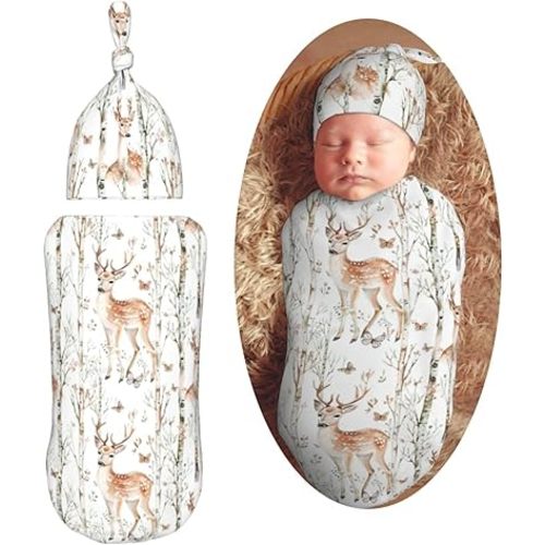 Cute Deer Animal Woodland Swaddle Blanket with Beanie Hat Set Newborn Swaddle Wrap Soft Baby Receiving Blankets Baby Swaddle Sleep Sack for Baby Boys and Girls